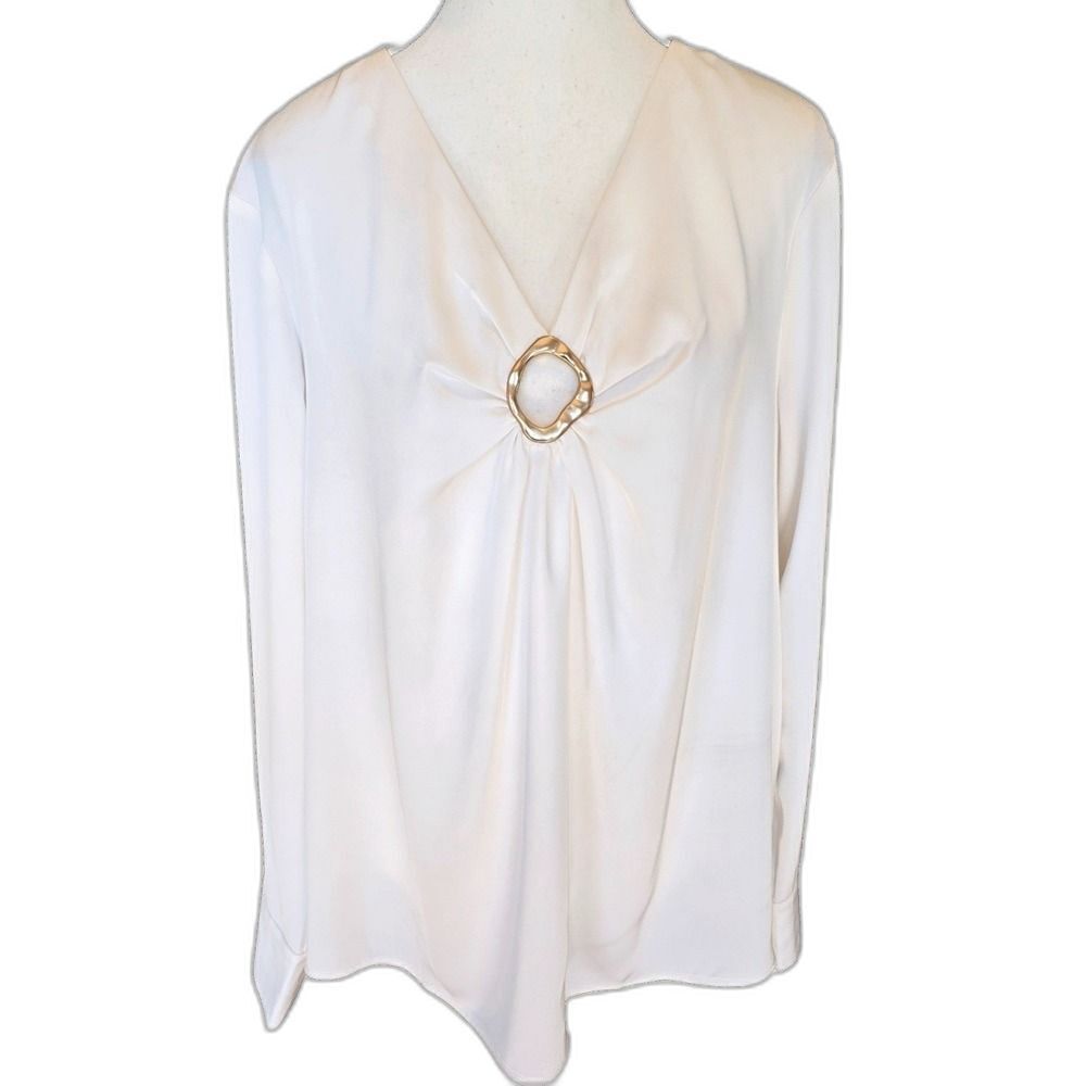 Donna Karan New York XL Ivory Blouse Gold Ring Draped V Neck Long Sleeve Top